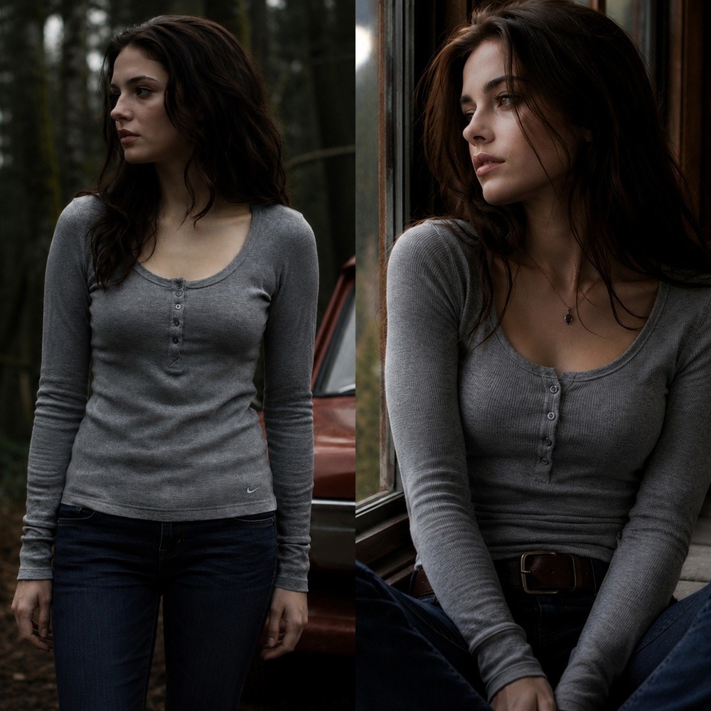 Nike Womens Y2K Fitted Henley Top S Gray Scoop Neck Waffle Knit Bella Elena